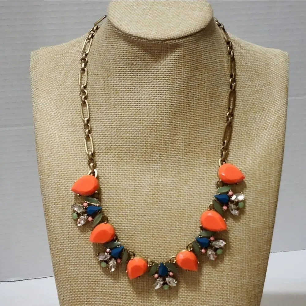 J. CREW orange,‎ green and blue jeweled statement necklace